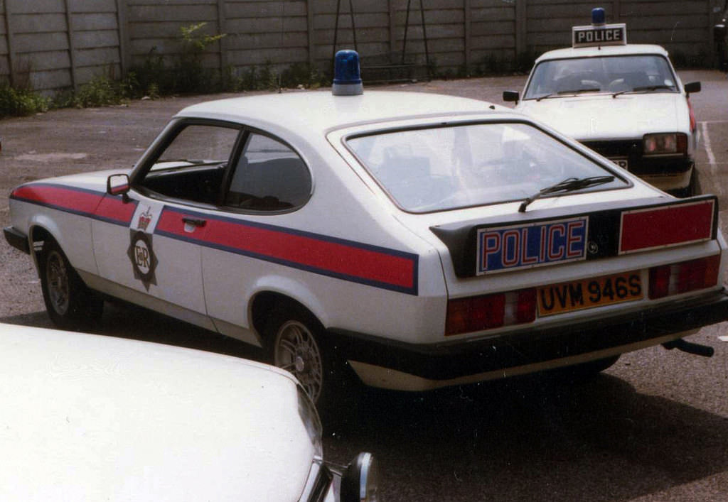 #41 A Ford Capri sits in the yard of the Crescent Police Station in Salford during the late 1970s
