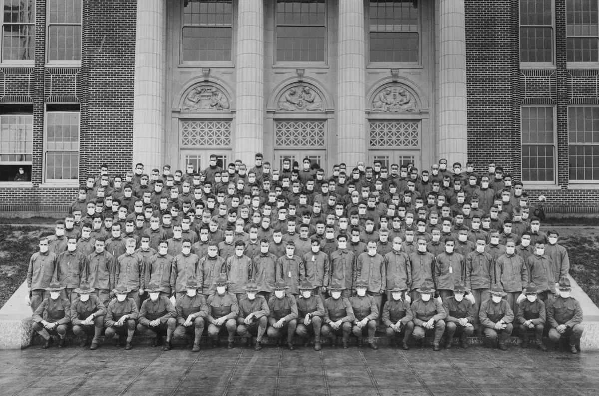 #1 Student Army Training Corps wear influenza masks in Portland, Oregon, on October 27, 1918