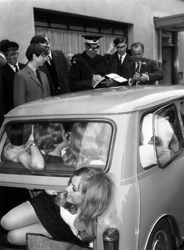 Fifteen Young Women About to Break the World Record for Passengers in a Mini, 1966 Weird