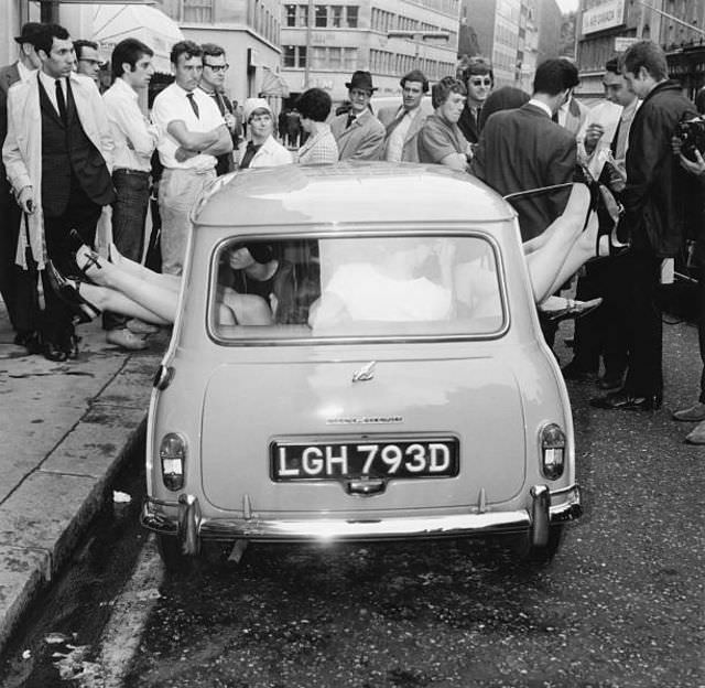 Fifteen Young Women About to Break the World Record for Passengers in a Mini, 1966 Weird