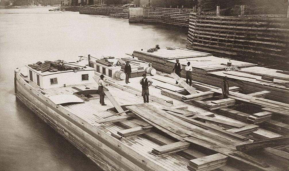#14 Construction workers on timber transportation boats on the Ottawa River, Ottawa, 1880.