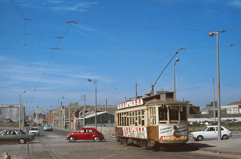 #26 STCP 270, a 1928 CCFP semi convertible maximum traction Brill 39E bogie tram at Godinho on line 1 to Matosinhos on 25 April 1977