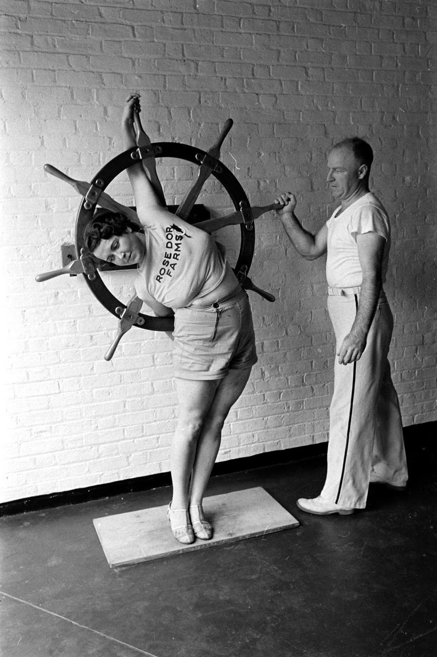 Exercise and stretching include use of a ship’s steering wheel.