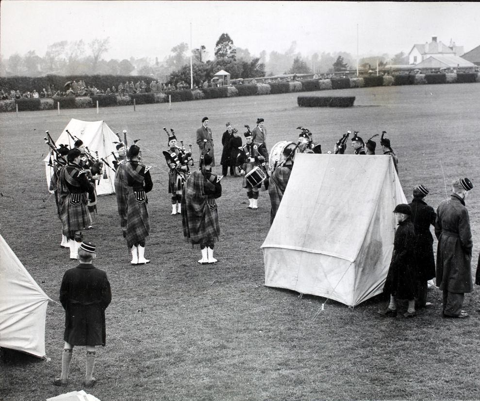 #52 Contestants playing their bagpipes at the European Pipe Bands Championship in Belfast, 1953.