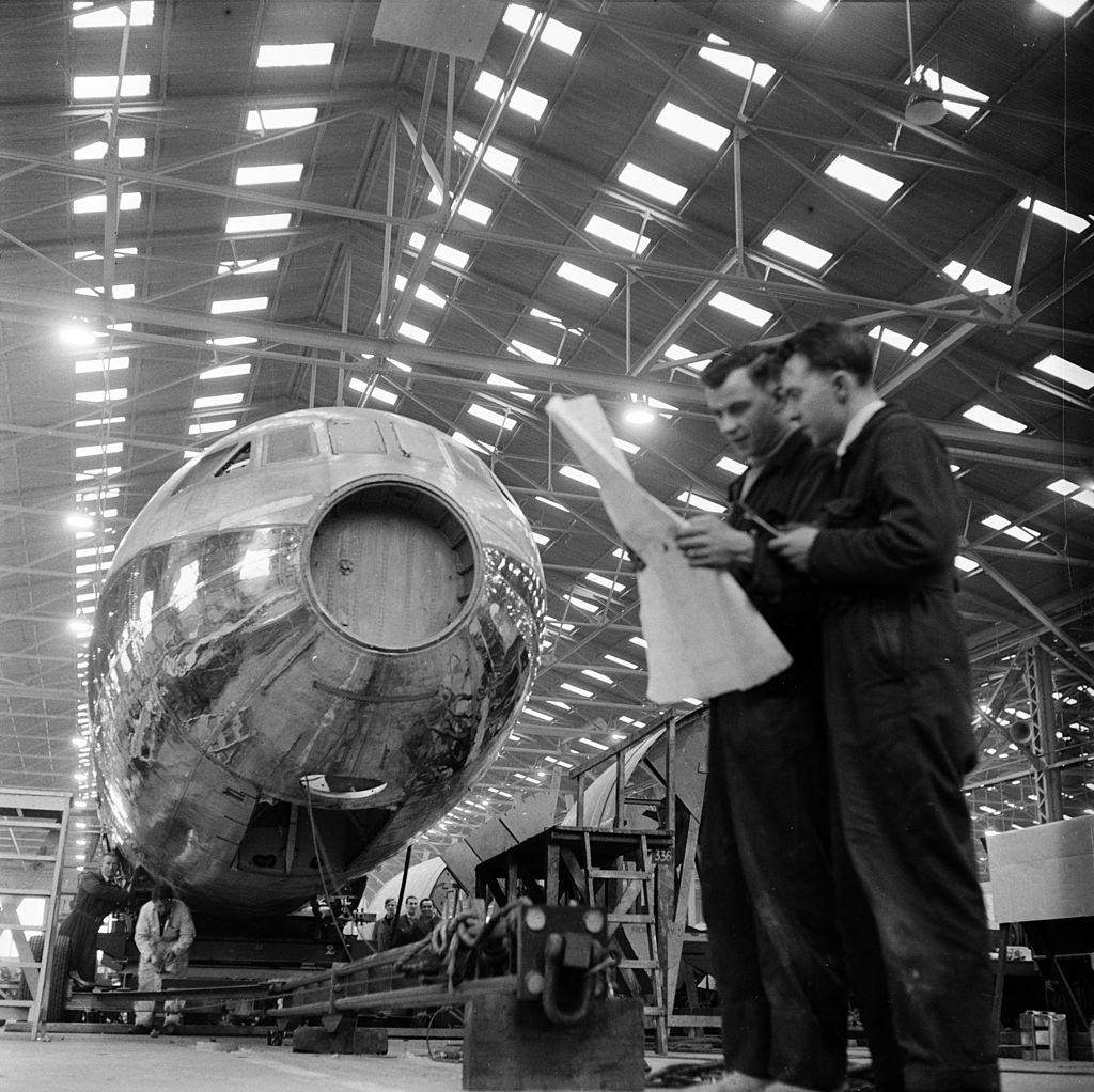 #22 A De Havilland Comet turbo-jet aeroplane under construction at the Short Brothers Factory in Belfast, 1954.