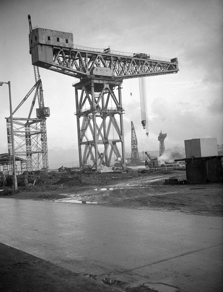 #59 A 200-ton cantilever crane at a Belfast wharf, 1958.
