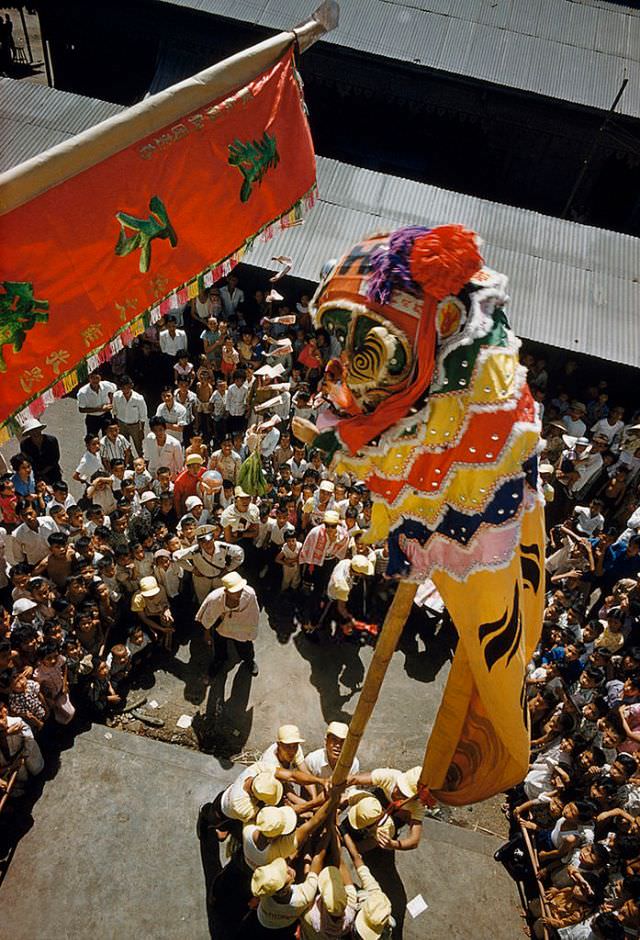 #12 A costumed dancer climbs a pole to nab treats dangling from a banner, Cho Lon, 1961