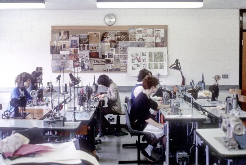 #68 Students working in the embroidery machine room, Manchester Polytechnic, 1982