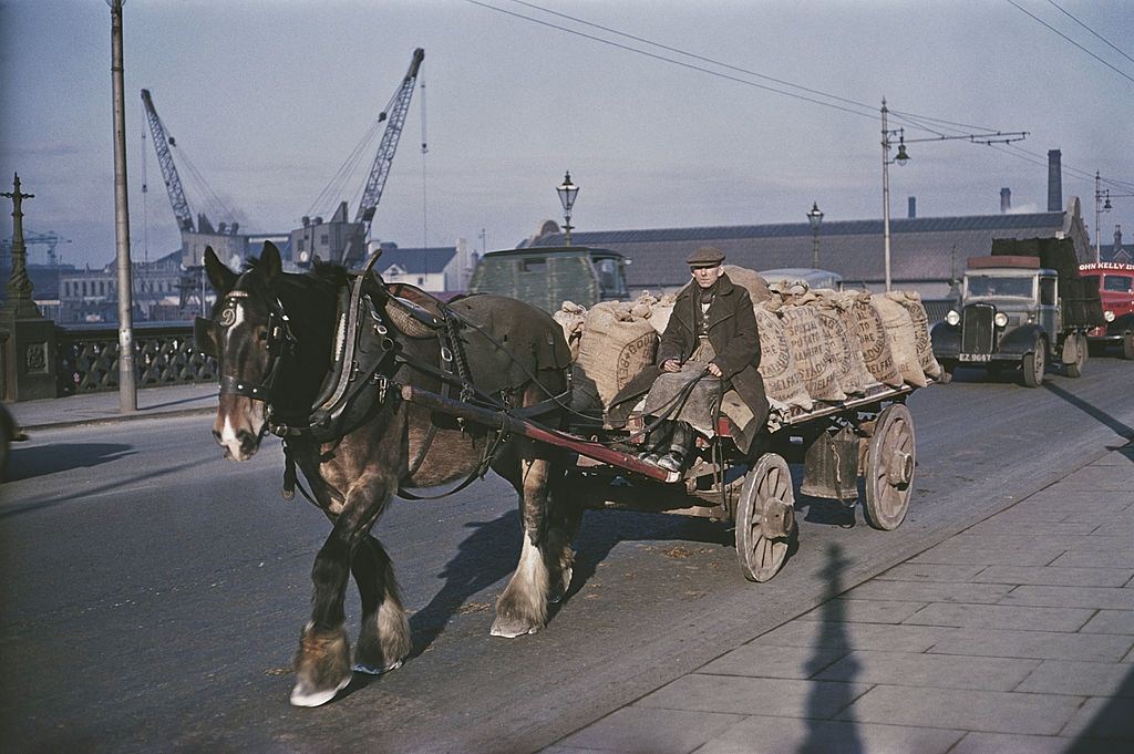 #17 A horsedrawn cart carrying sacks of potatoes over a bridge in Belfast, 1955.