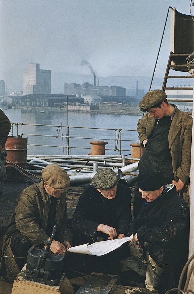 #26 Workers on a lorry at the Harland & Wolff shipyard in Belfast, 1955