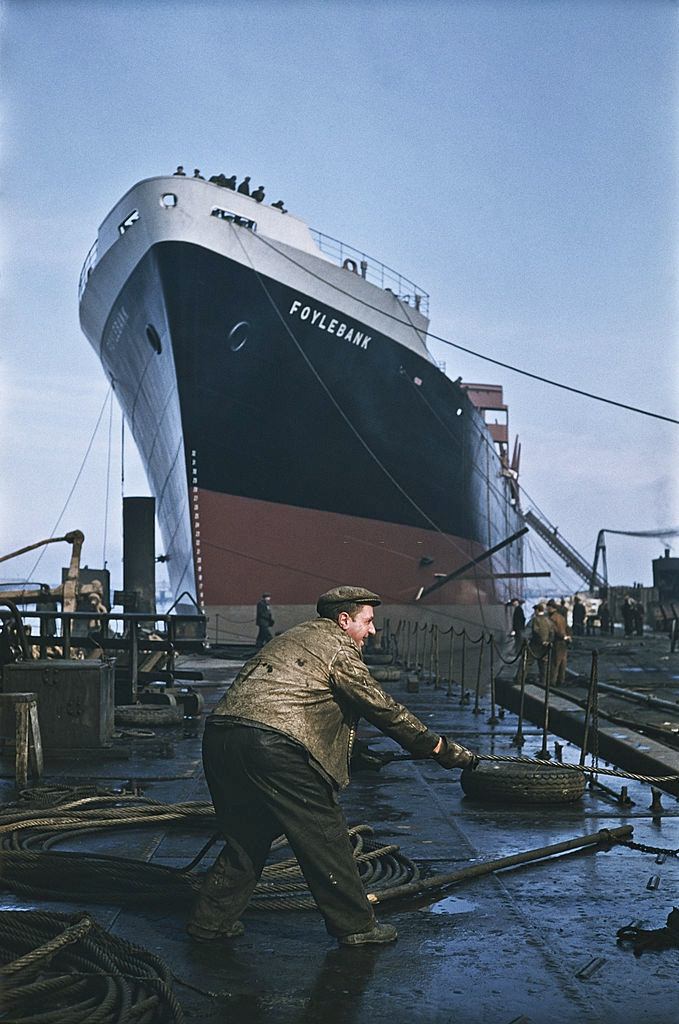 #28 The cargo ship Foylebank under construction at the Harland & Wolff shipyard in Belfast, 1955.