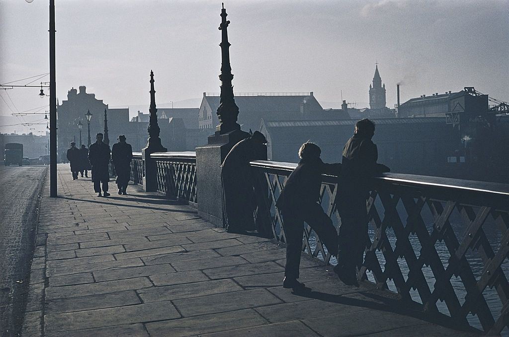 #10 Men and boys on a bridge in Belfast, 1955.