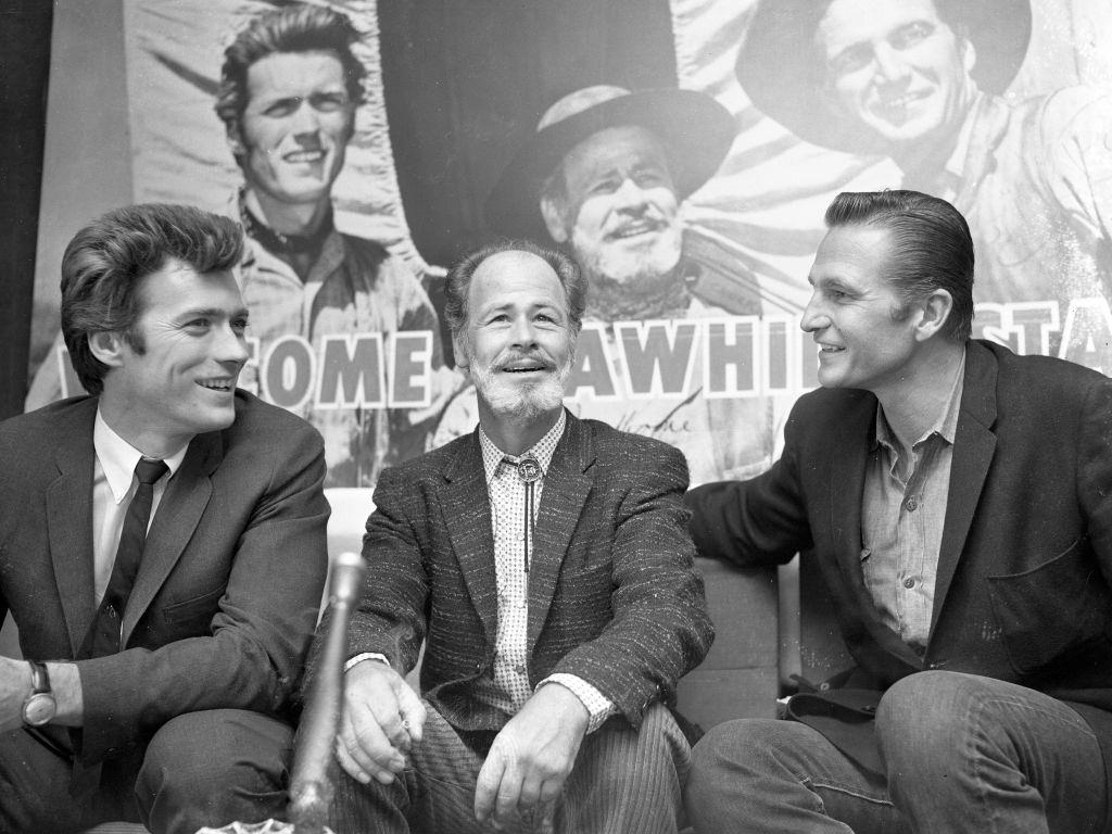 #36 Clint Eastwood, Paul Brinegar and Eric Fleming attend the Rawhide press conference on February 22, 1962.