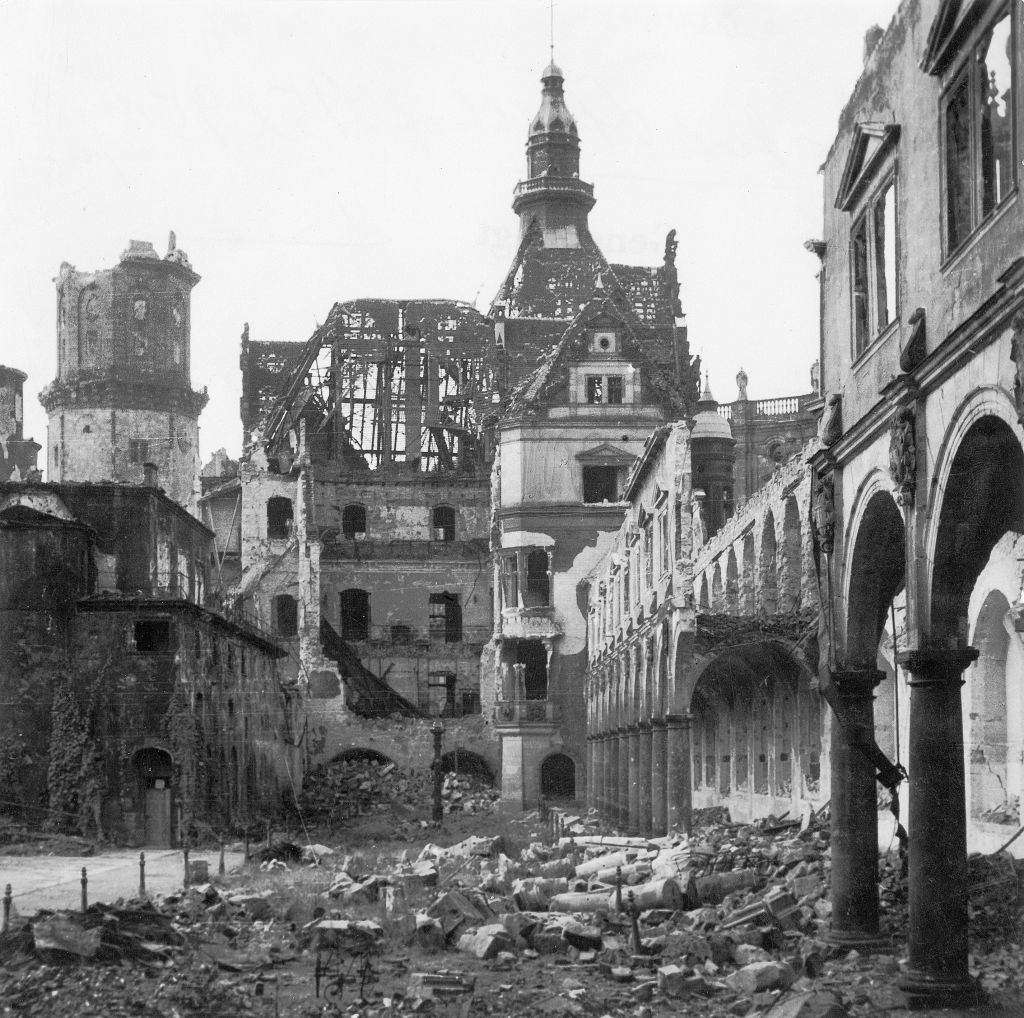 #46 The ruin of the Stallhof (Stall Courtyard) at the Dresden Castle with the Hausmannsturm.