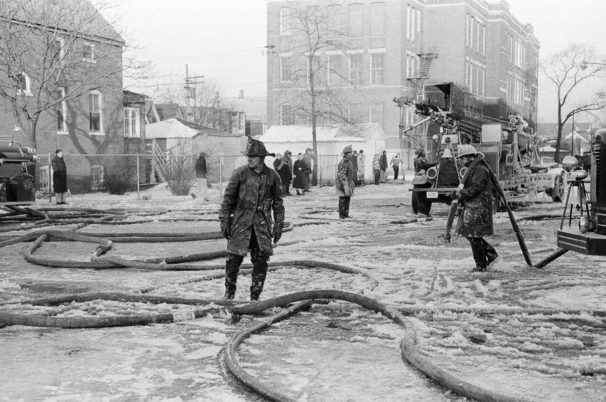 #11 Chicago firefighters respond to a fire in sub-freezing temperatures, 1958.