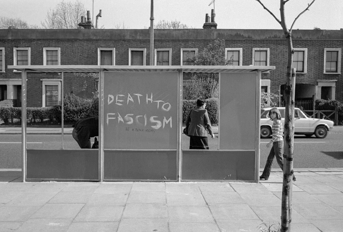 #19 Death to Fascism, Bus Shelter, Battersea, Wandsworth, 1980.
