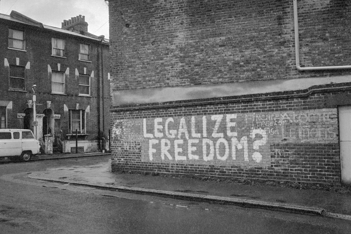 #13 Legalise Freedom and Atomic Lemons graffiti, St Agnes’s Place, Vauxhall, Lambeth, 1984