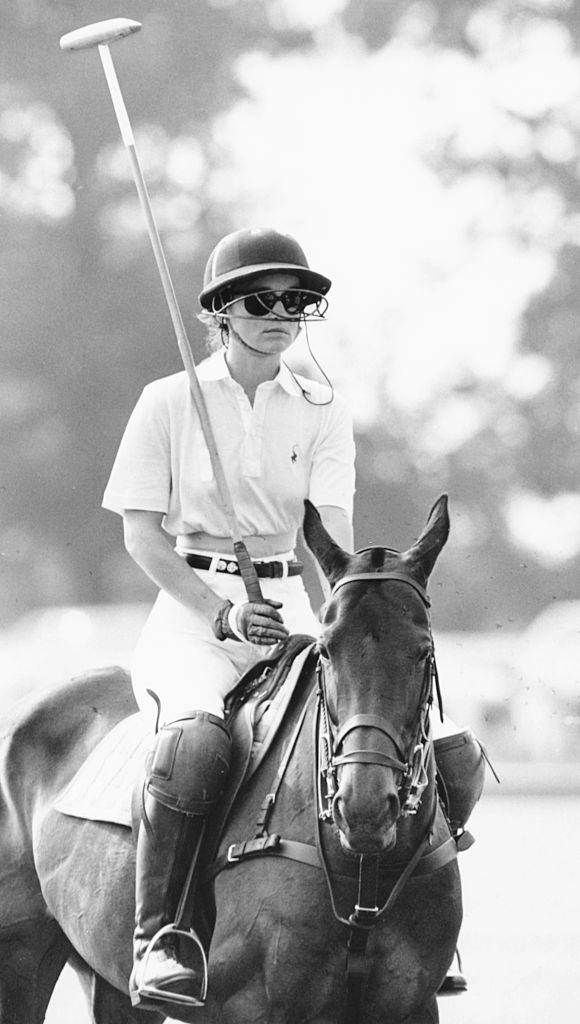 #50 Pamela Sue Martin on horseback, taking part in a ladies polo match, 1986.