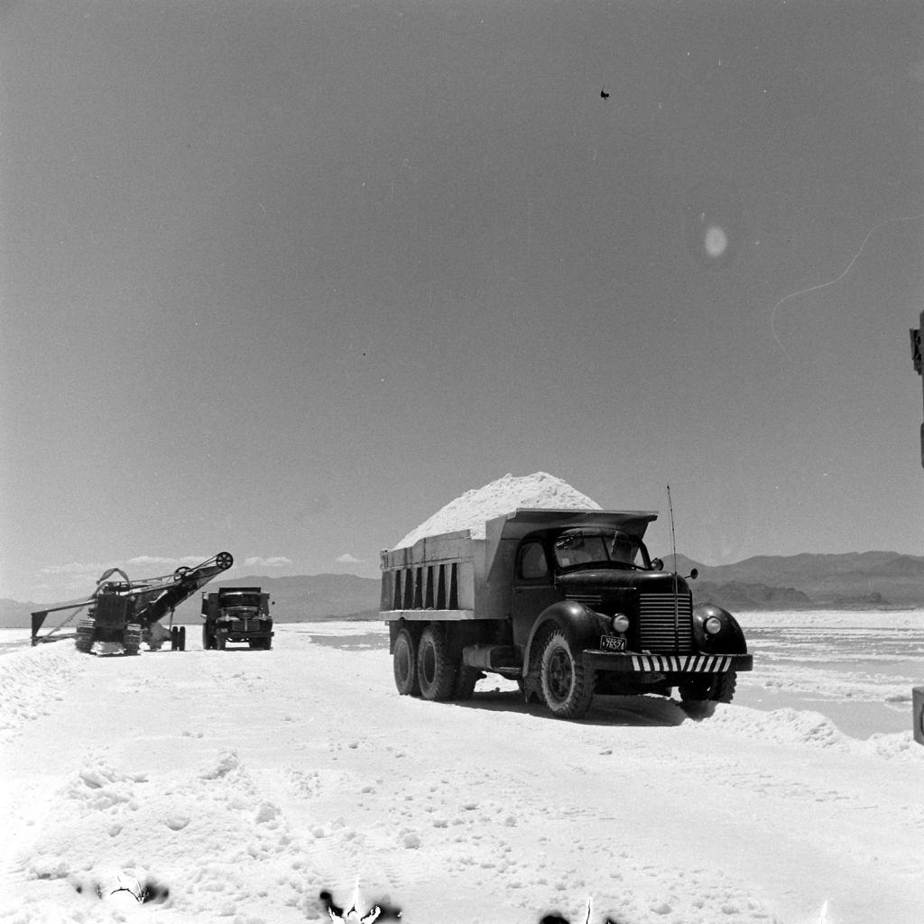 #32 Dump trucks transporting sands of the Great Salt Lake, Salt Lake City, June 1948.