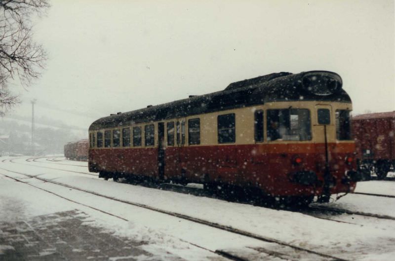 #22 ČSD railbus in snowstorm, somewhere near the border of the now Slovakia and Czech Republic, en route between Trenčin and Navy Jičin