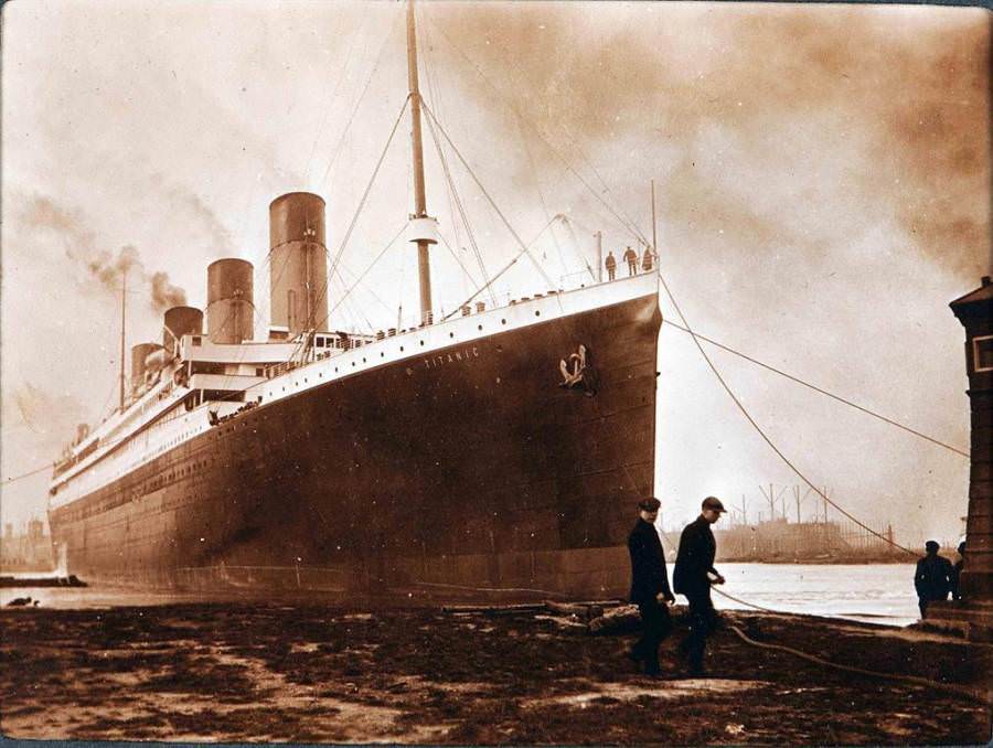 #37 The Titanic sits near the dock at Belfast, Northern Ireland soon before starting its maiden voyage. Circa April 1912.