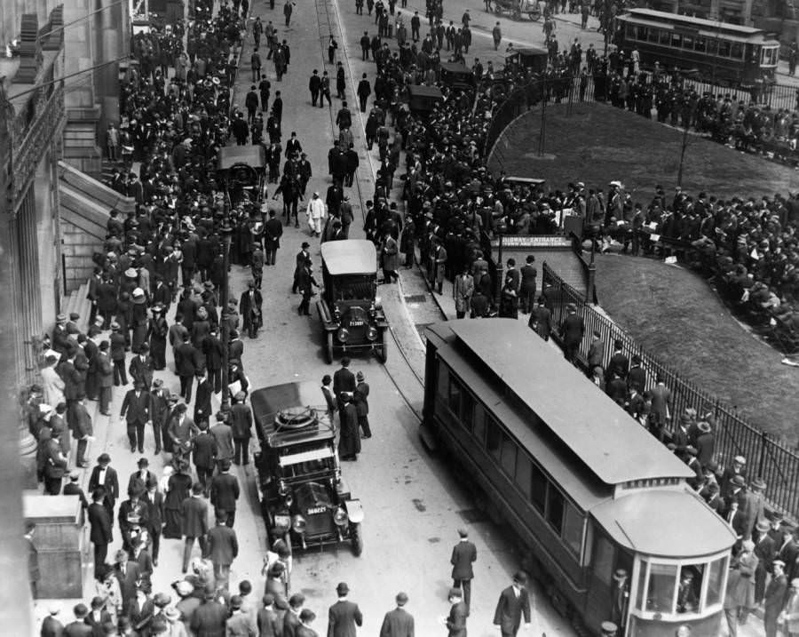 #30 Crowds wait outside the White Star Line office in order to hear the latest news on the disaster. New York. Circa April 15-18, 1912.