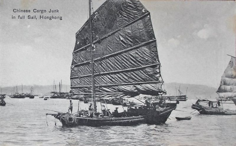 #12 Chinese cargo junk in full sail, Hong Kong