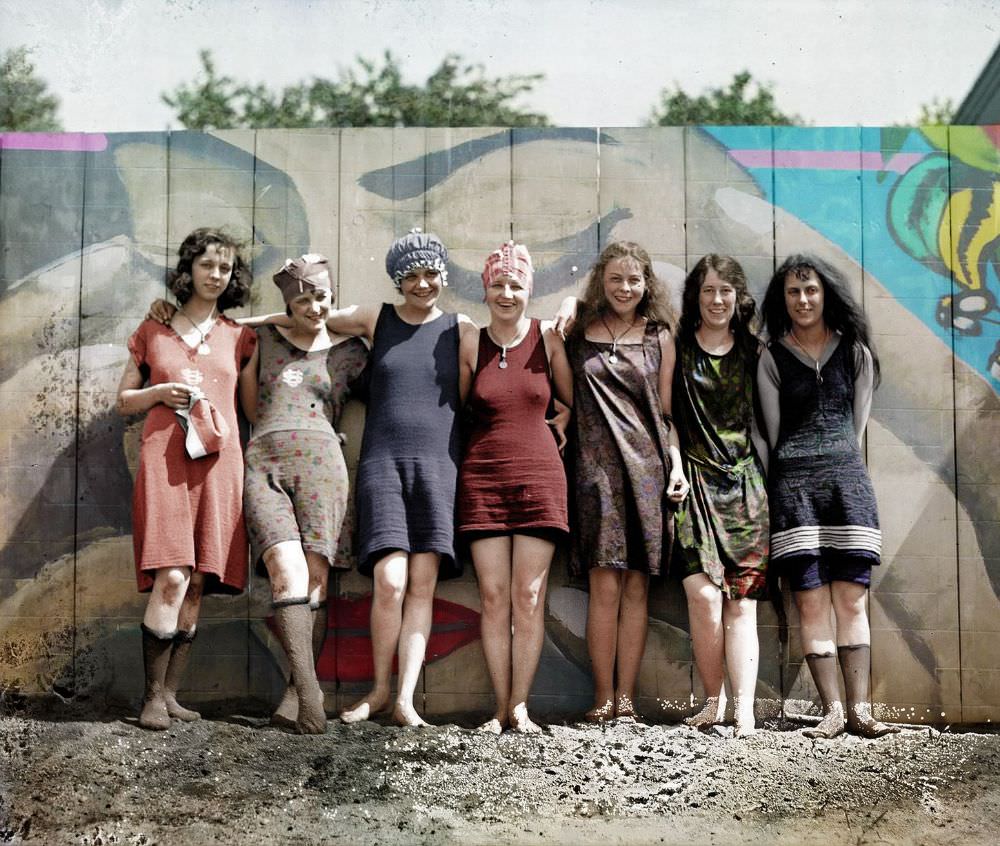 #1 Young women posing in risque bathing suits that bare the legs and knees, Washington DC, May 29, 1920.