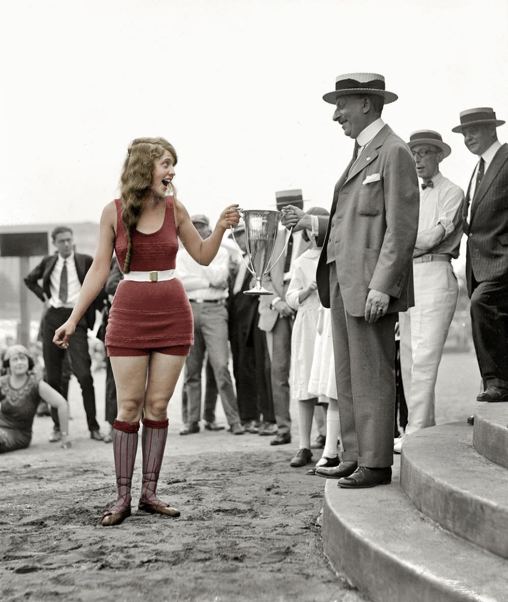 Splash of color Eva Fridell receives the winners cup on August 5th 1922 at the Washington Tidal Basin beauty contest.