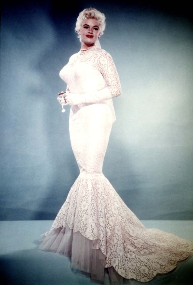 #32 Jayne Mansfield in her wedding gown for her marriage to Mickey Hargitay, January 13, 1958