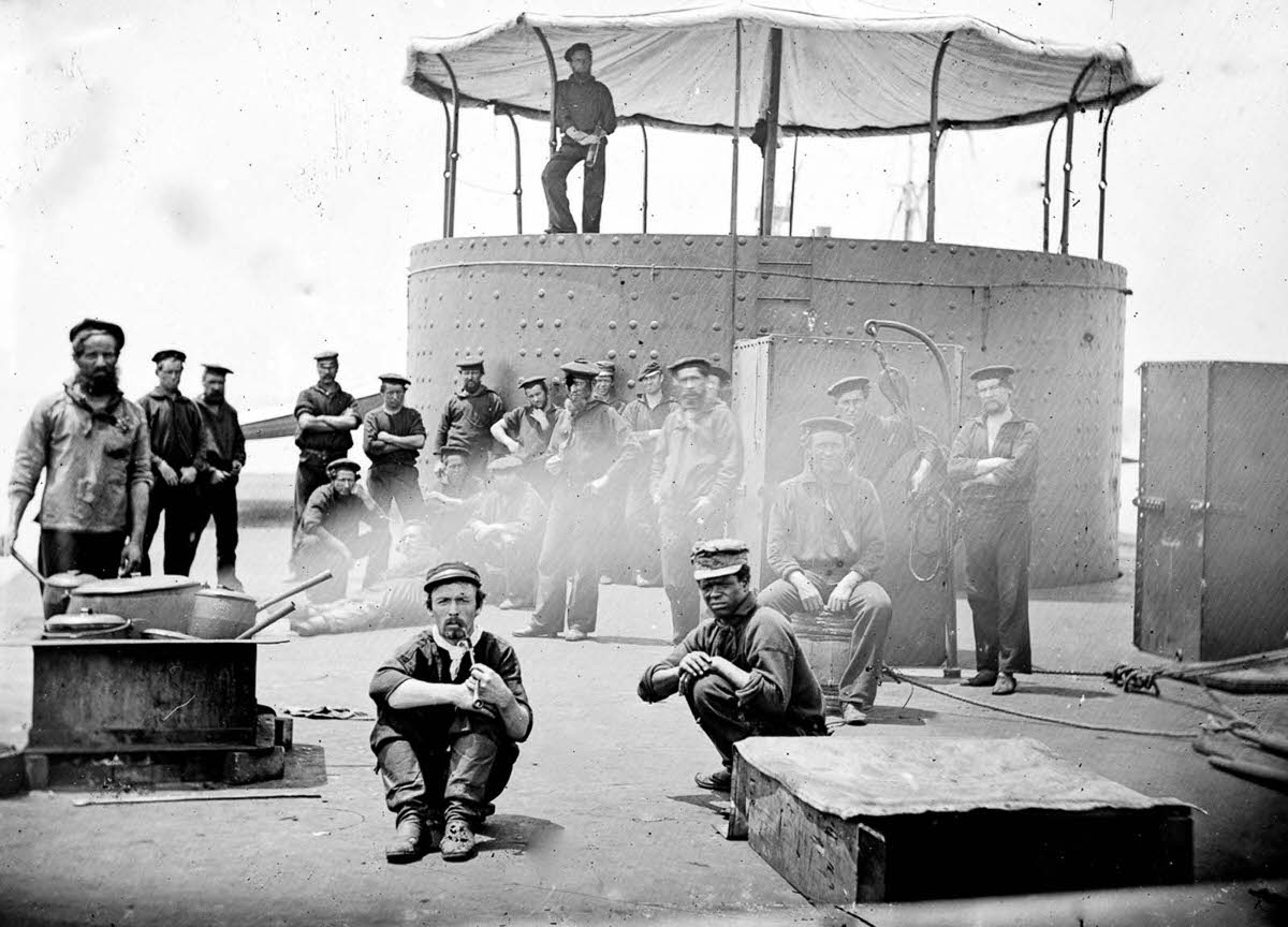 #8 Sailors on the deck of a Monitor-class gunboat, 1864.
