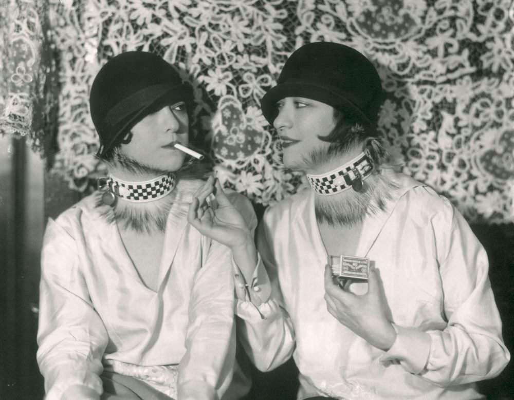 #2 The Dolly Sisters (Jenny and Rosie), Paris, 1924, Modeling ‘Bulldog’ Collars by Marthe Regnier.
