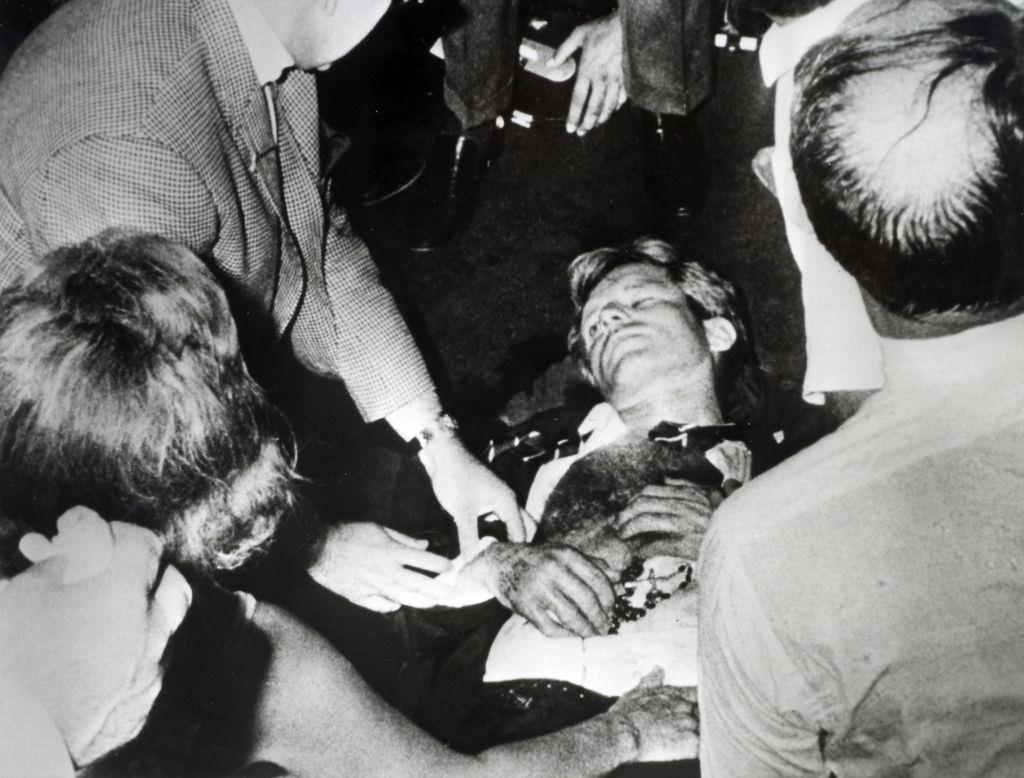 Robert F. Kennedy lies on the floor of the ballroom of the Ambassador Hotel.