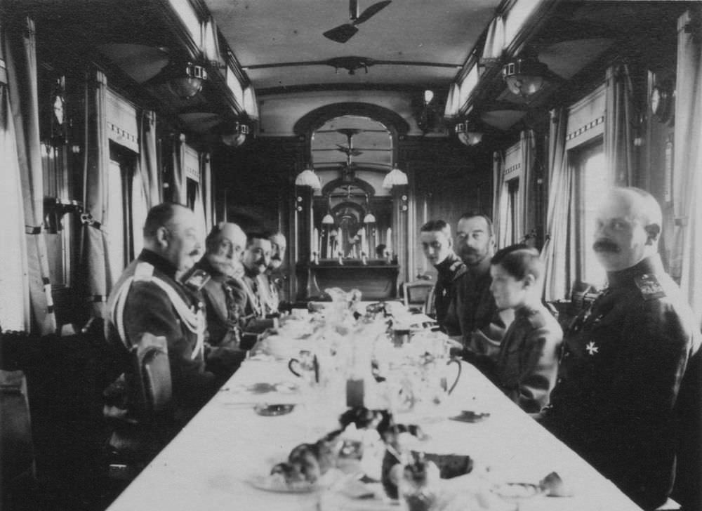 #28 Tsar Nicholas II hosting a dinner with his generals on the Imperial train.