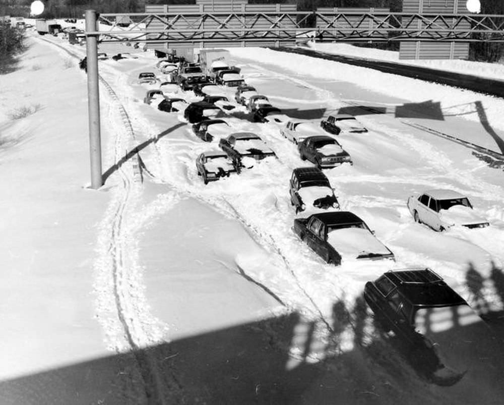 #12 Vehicles stranded in the snow in the southbound lanes of Route 128 in Needham, after the Blizzard of 1978.