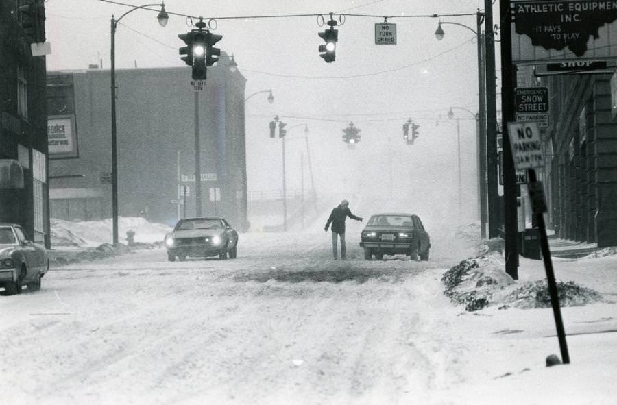 #46 Looking east on Mill Street from the intersection of High and Main streetsJan. 26, 1978, in downtown Akron.