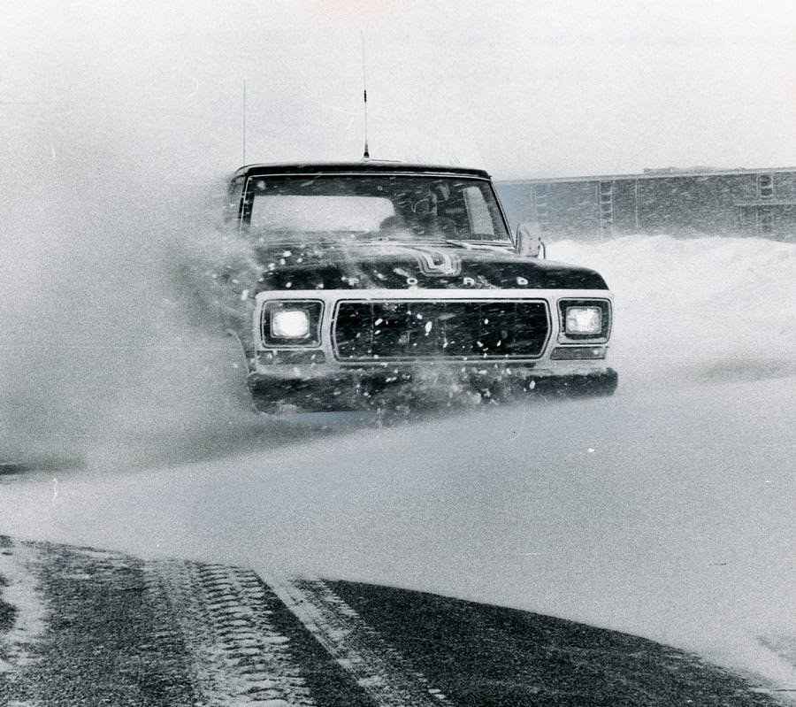 #53 Pete Geiger tests out the four-wheel drive on a Ford Bronco on snow drifts in Wayne County in the Jan. 27, 1978.