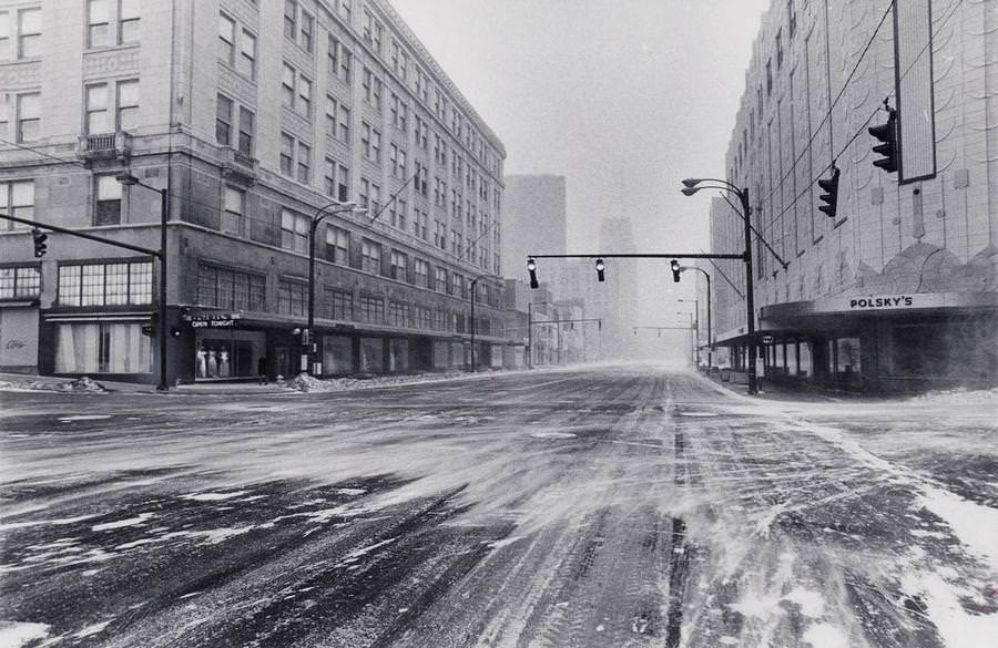 #57 Welcome to downtown Akron’s “rush hour” during the Blizzard of 1978. This ghostly photo, which looks north on Main Street at O’Neil’s and Polsky’s department stores, was taken at 4:45 p.m. Jan. 26.