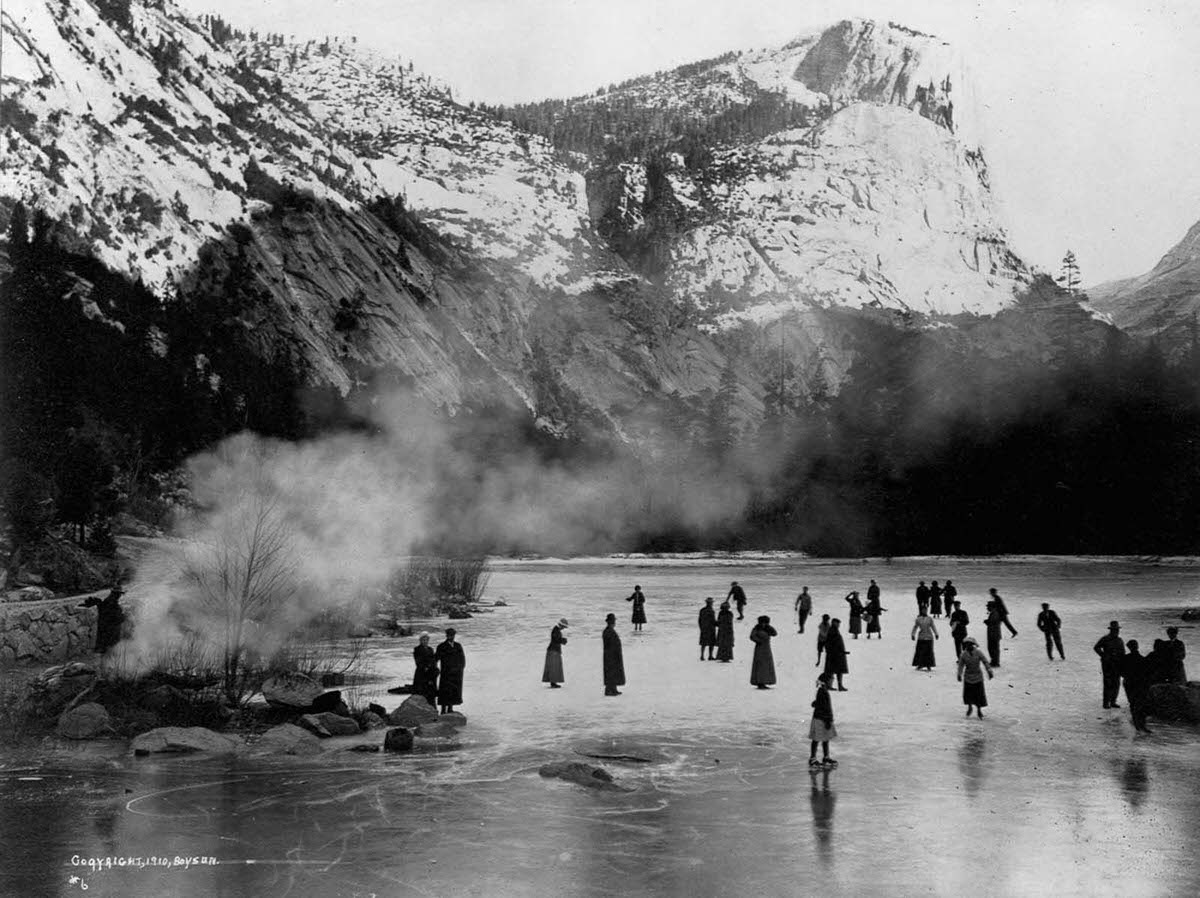 #14 Tourists skate on a frozen lake in Yosemite, 1910.