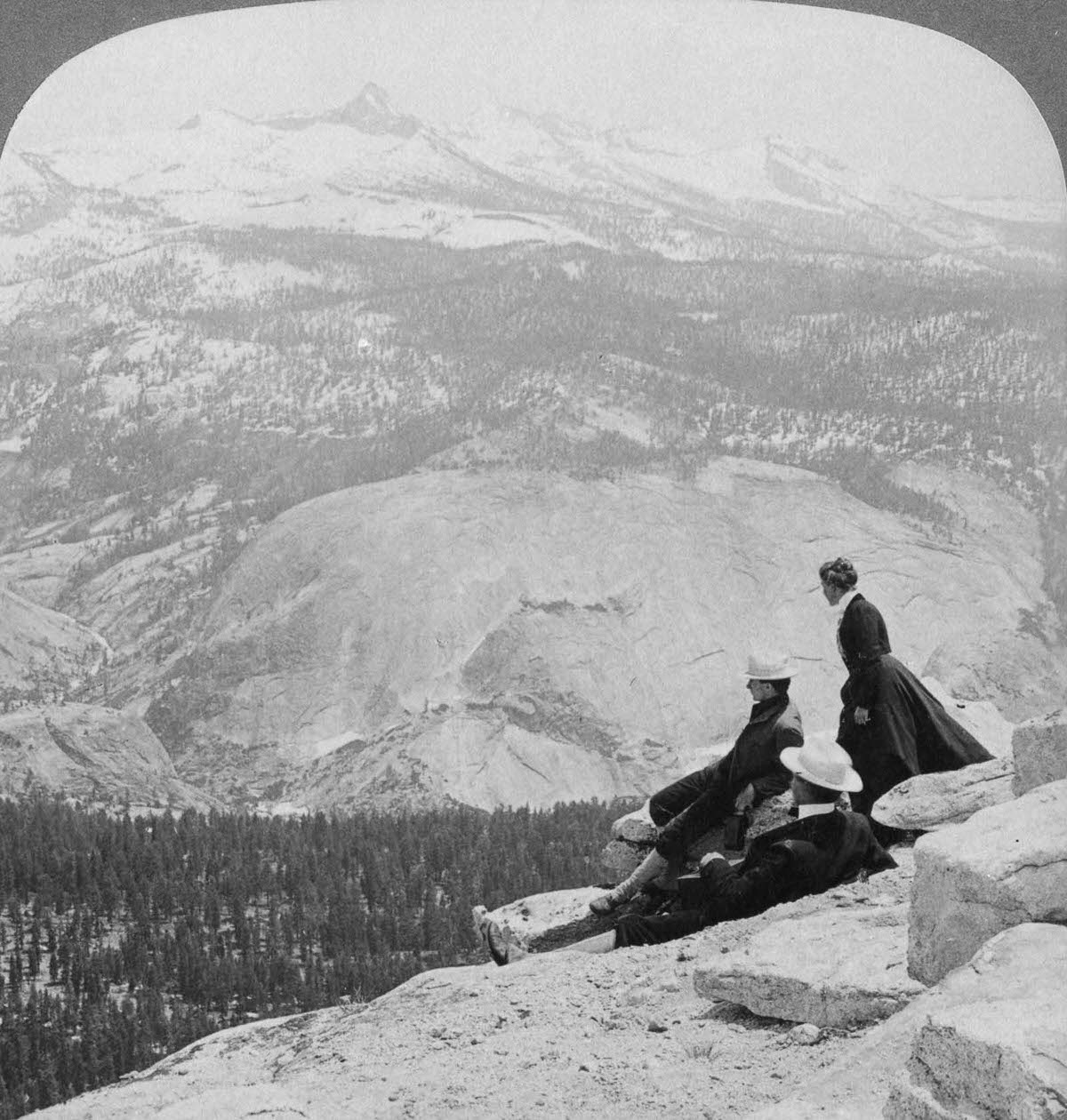 #29 Tourists look from Clouds Rest over the Little Yosemite Valley to Mount Clark, 1902.