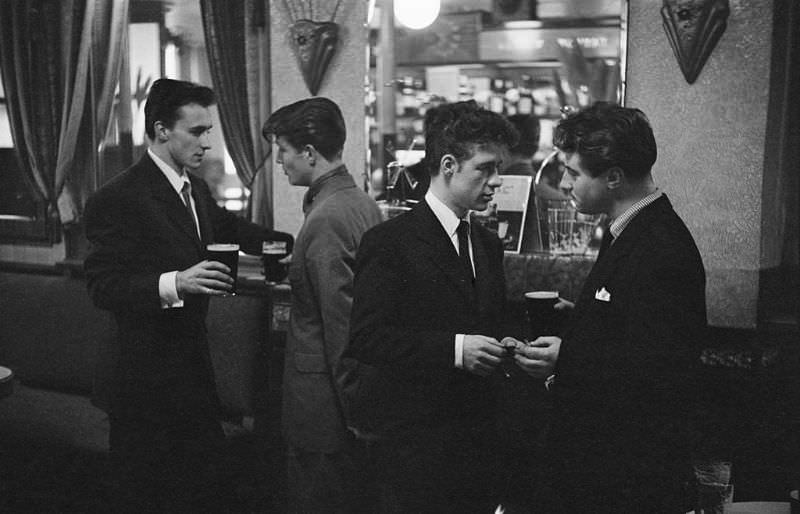 #6 Four young men at a smart London bar, 1953.
