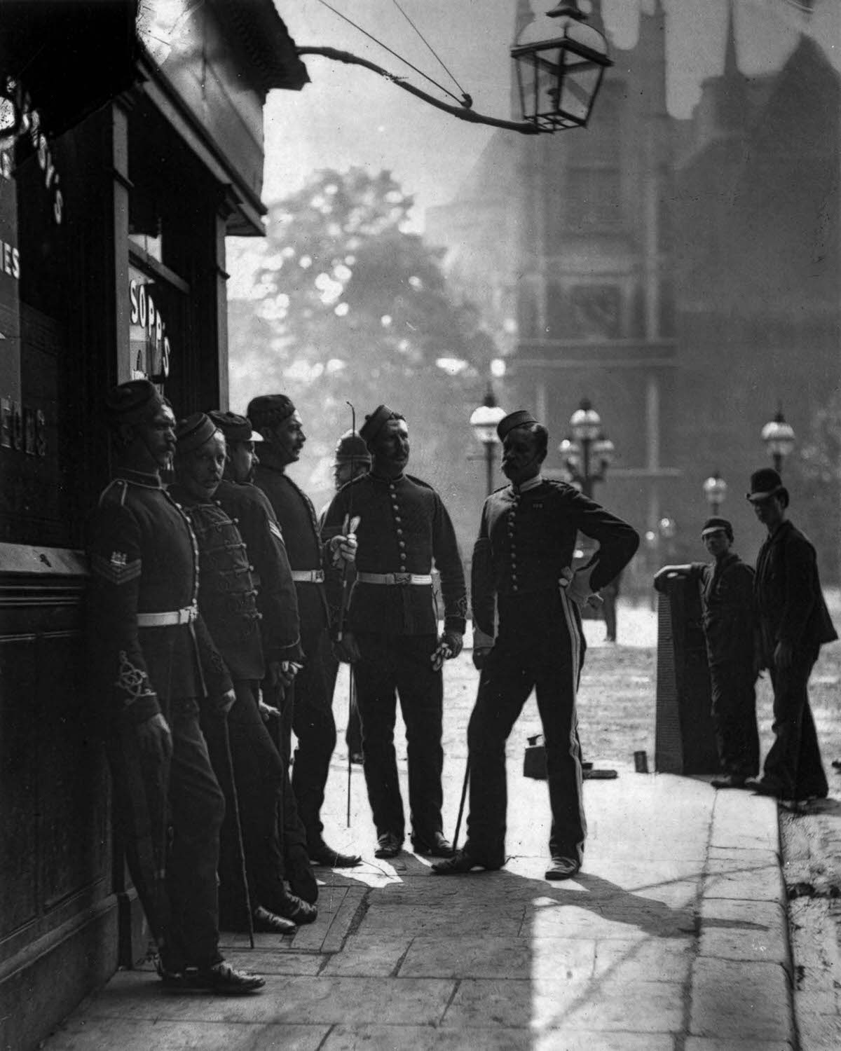 #3 British Army recruiting sergeants outside a public house at Westminster, 1877