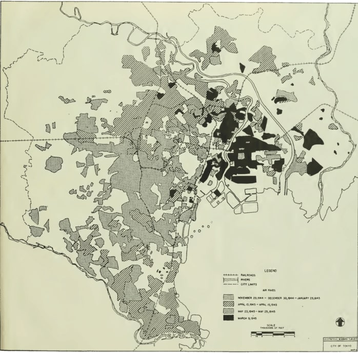 A map of the U.S. Army Air Force’s strategic bombing campaign on Tokyo on March 9-March 10, 1945. The aim was to cripple Japan’s industrial war efforts and strike targets that would render them as functionally useless as possible. Nonetheless, the black-inked areas were largely home to civilians.