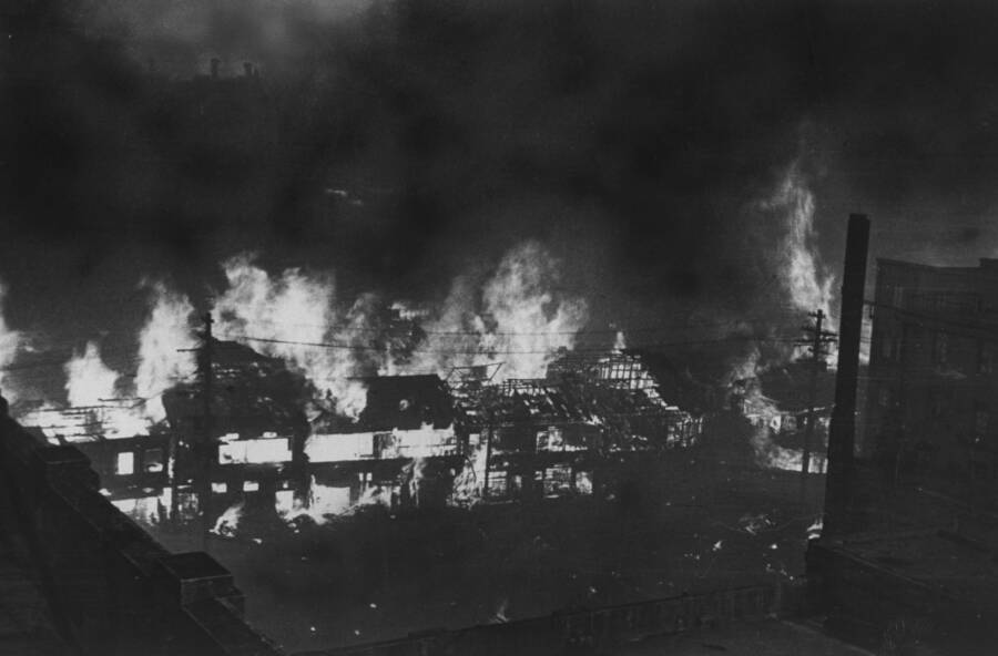 A snapshot of the lethal and traumatic night, during which an estimated 1,500 to 1,733 tons of flammable napalm was dropped by more than 300 B-29 bombers. The Air Force called it “Operation Meetinghouse.” March 10, 1945. Tokyo, Japan.
