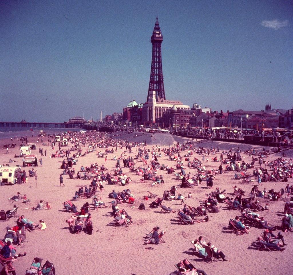 #4 The beach at Blackpool, with the tower in the background, 1954.
