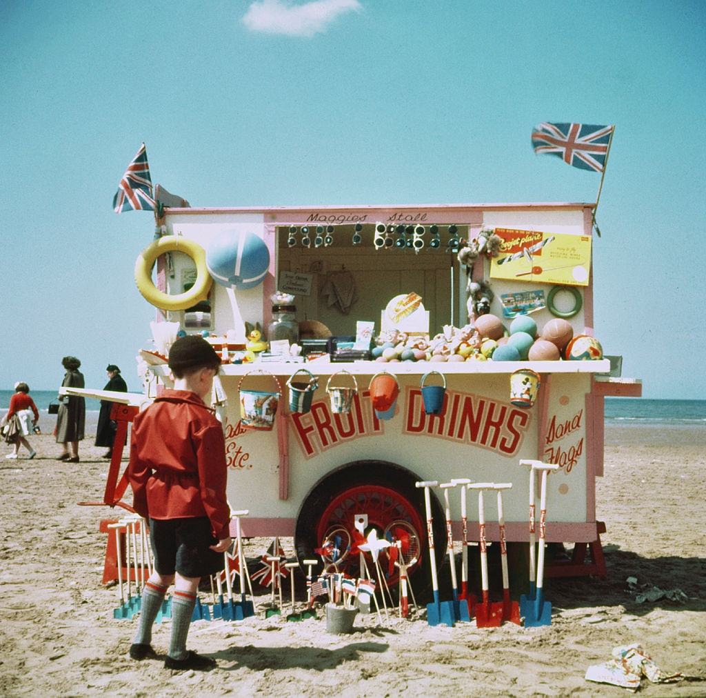 #12 A drinks stall on the beach in Blackpool, 1954.