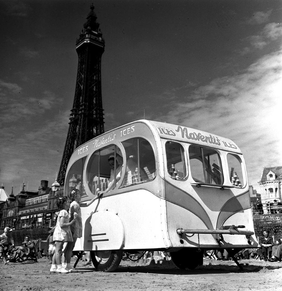 #33 A new ice cream barrow on the beach at Blackpool, 1952.