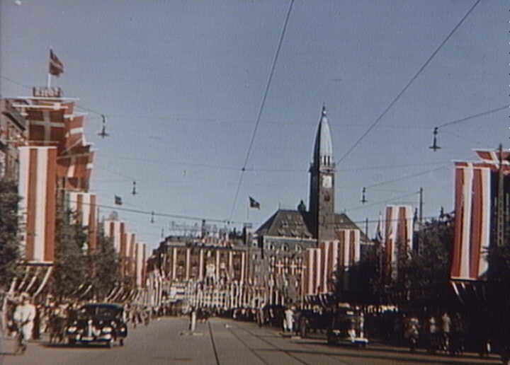 Flags at Vesterbrogade in Copenhagen. The king’s birthday, 26th September 1945.