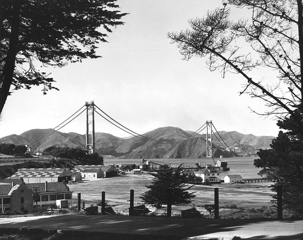 #26 Presidio of the construction of the Golden Gate Bridge with the cables being installed, 1935.