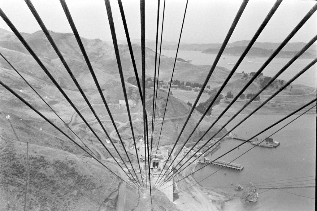 #43 Aerial view of cables during the construction of the Golden Gate Bridge in San Francisco, 1940.